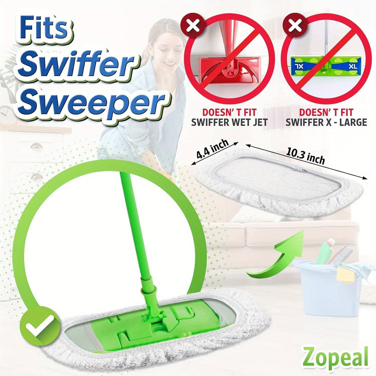 10-Pack Microfiber Mop Pads compatible with Swiffer Sweeper; reusable dry and wet flat mop replacement cloths, suitable for sweeping and mopping hardwood floors.
