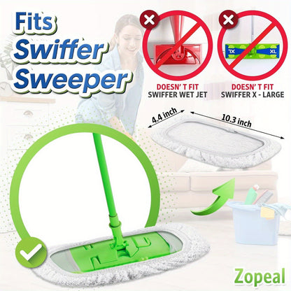 10-Pack Microfiber Mop Pads compatible with Swiffer Sweeper; reusable dry and wet flat mop replacement cloths, suitable for sweeping and mopping hardwood floors.