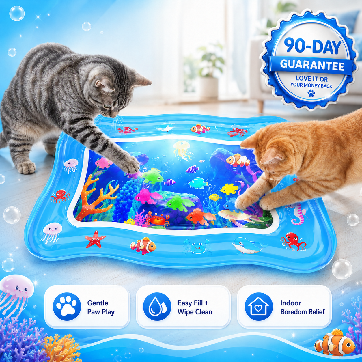 Cat Water Sensory Play Mat — Interactive Ocean Fish Toy for Bored Indoor Cats & Kittens