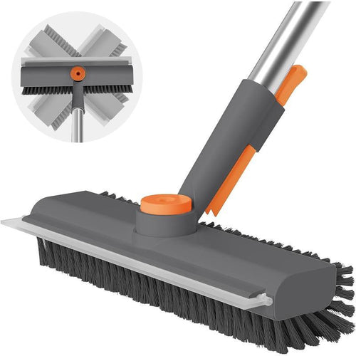 Long-handled floor brush—combines a floor brush and squeegee (4-in-1 functionality); features stiff, dual-sided bristles and a rotating head. Suitable for use in showers, bathrooms, bathtubs, kitchens, and on patios.