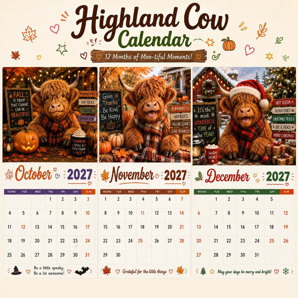 ⏳LAST DAY 50%OFF🔥2027 Funny Highland Cow Wall Calendar | A4 Hanging Calendar | Designed by Isabel Kline