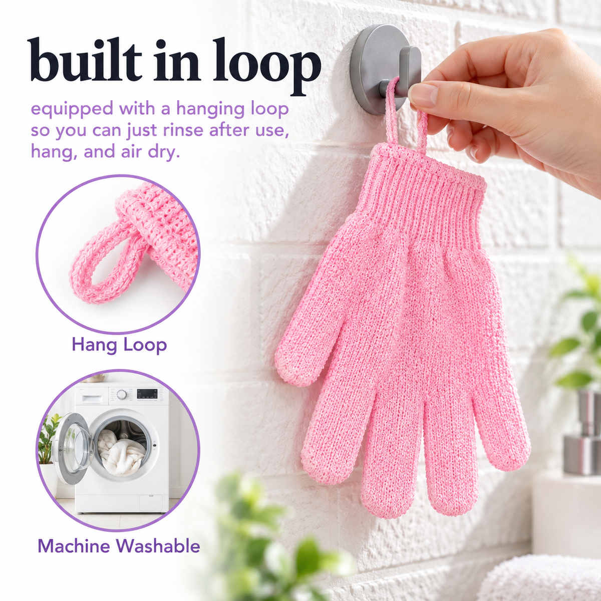 These deep-cleansing bath gloves are suitable for showering, spa treatments, massage, and body exfoliation; they effectively remove dead skin and feature a hanging loop.