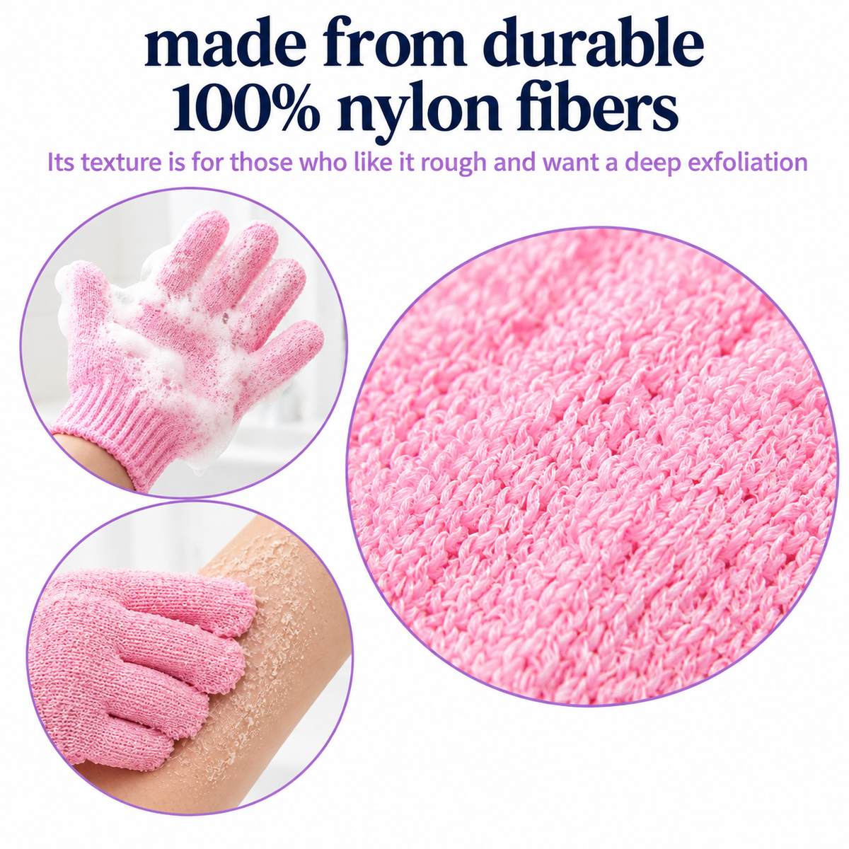These deep-cleansing bath gloves are suitable for showering, spa treatments, massage, and body exfoliation; they effectively remove dead skin and feature a hanging loop.