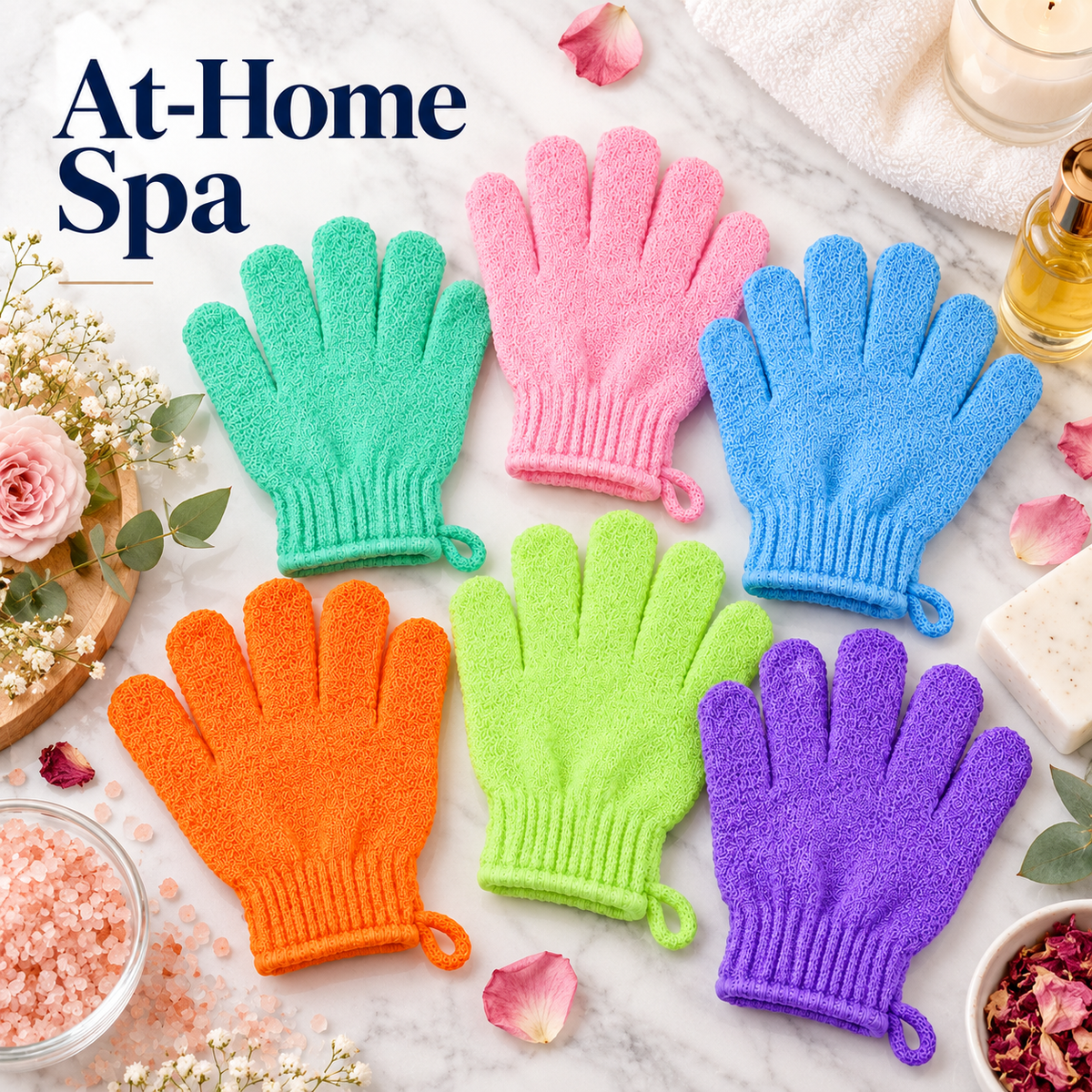 These deep-cleansing bath gloves are suitable for showering, spa treatments, massage, and body exfoliation; they effectively remove dead skin and feature a hanging loop.