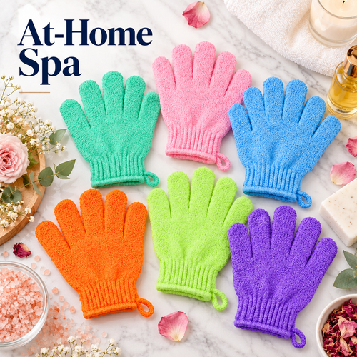 These deep-cleansing bath gloves are suitable for showering, spa treatments, massage, and body exfoliation; they effectively remove dead skin and feature a hanging loop.