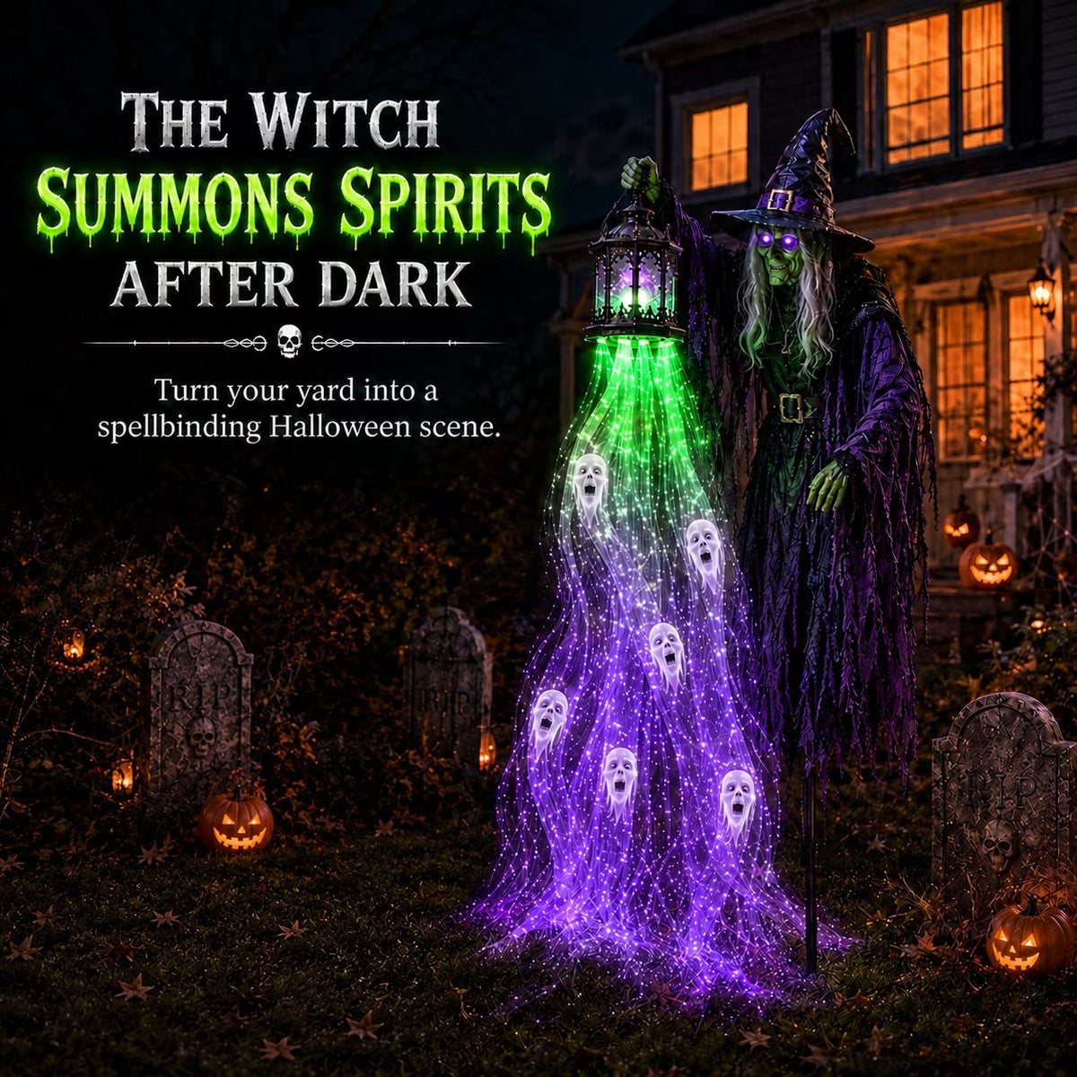 🎃 Turn Your Yard Into A Haunted Halloween Scene | Solar-Powered Animated Garden Lights with Glowing Ghost Effects | Witch, Reaper, Scarecrow & More