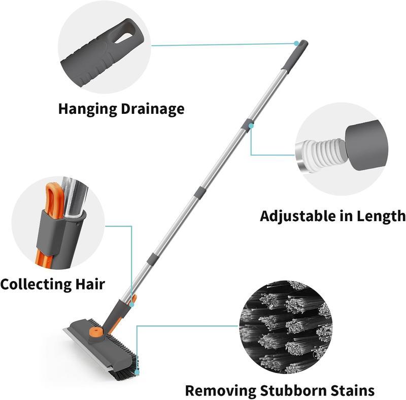 Long-handled floor brush—combines a floor brush and squeegee (4-in-1 functionality); features stiff, dual-sided bristles and a rotating head. Suitable for use in showers, bathrooms, bathtubs, kitchens, and on patios.