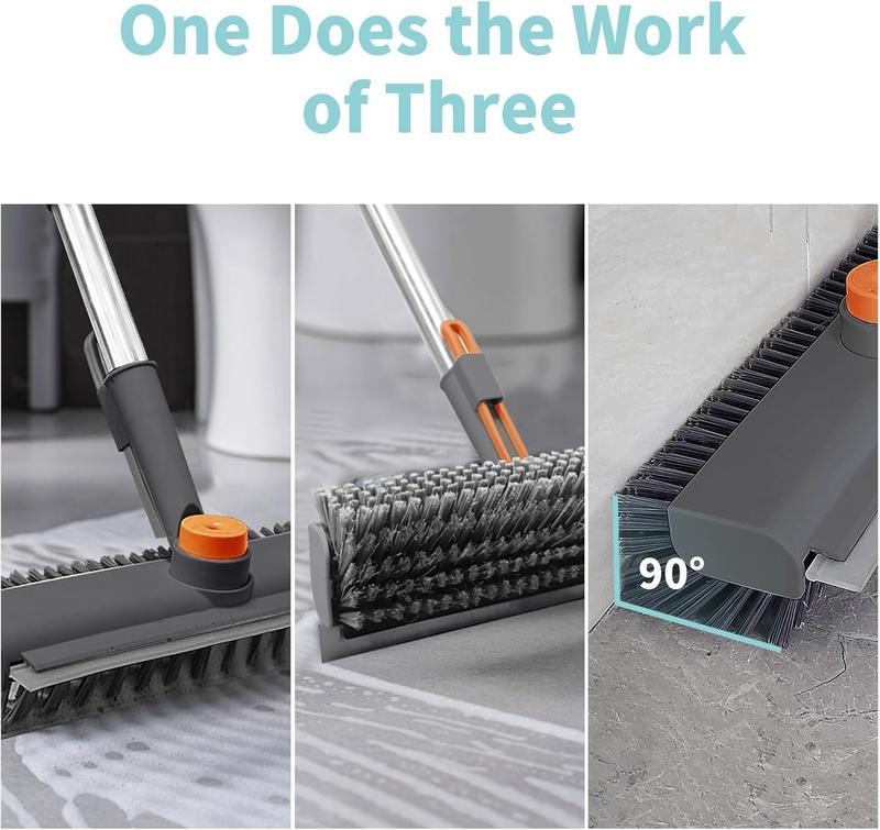 Long-handled floor brush—combines a floor brush and squeegee (4-in-1 functionality); features stiff, dual-sided bristles and a rotating head. Suitable for use in showers, bathrooms, bathtubs, kitchens, and on patios.