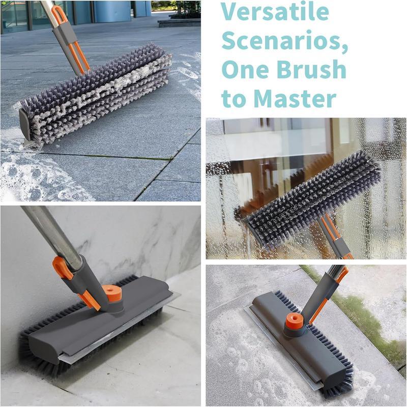 Long-handled floor brush—combines a floor brush and squeegee (4-in-1 functionality); features stiff, dual-sided bristles and a rotating head. Suitable for use in showers, bathrooms, bathtubs, kitchens, and on patios.